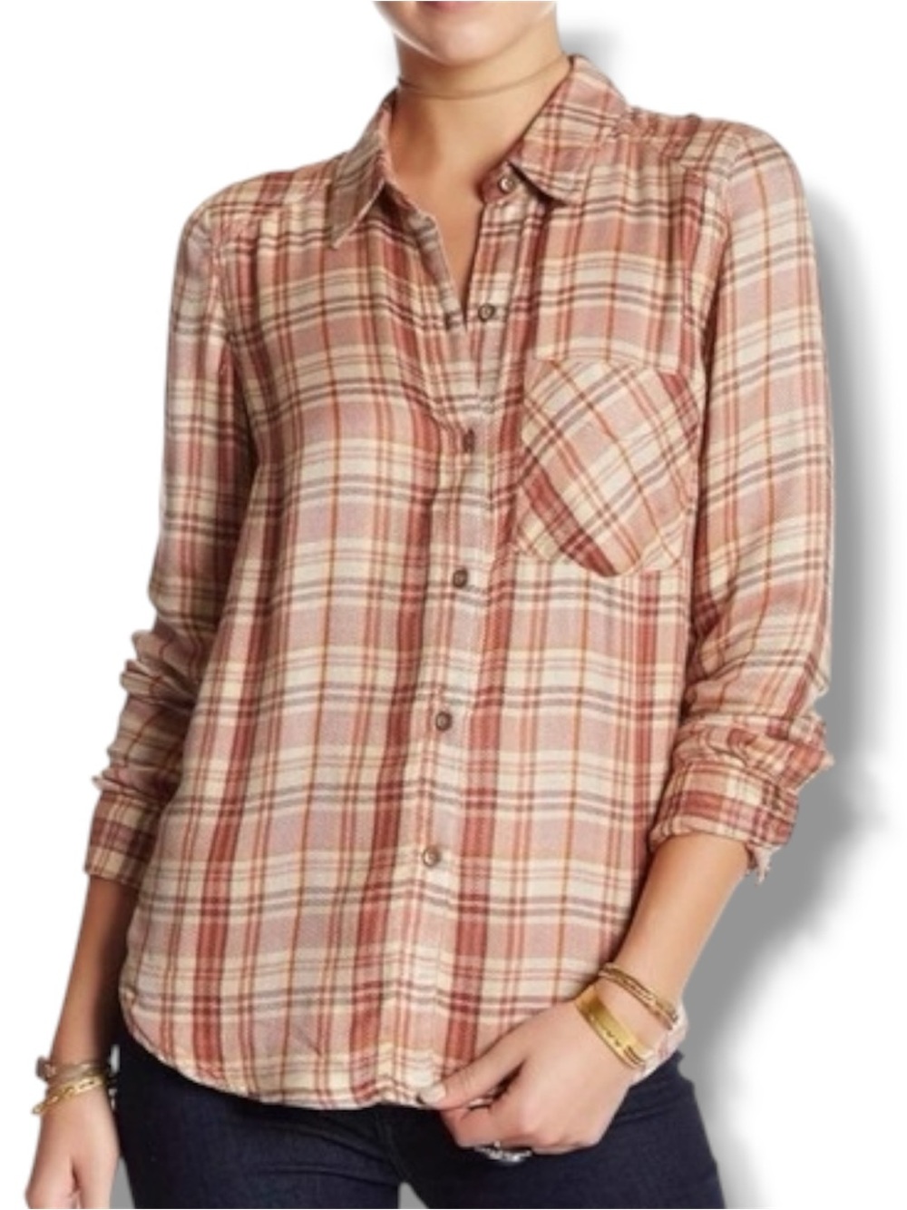 Free People 100% Rayon Plaid Button Down Shirt Rust Terracotta Boho Size Small S